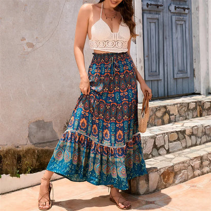 Bohemian Skirt Women Beach Clothes Geometrical Print Elastic High Waist A Line Flowy Swing Skirt Party Skirts Beachwear
