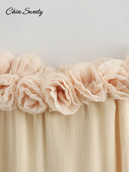 Elegant 3D Flower Knit Long Dress Women Off Shoulder Backless Loose Party Beach Vacation Dresses 2025 Spring Lady Knitwear New