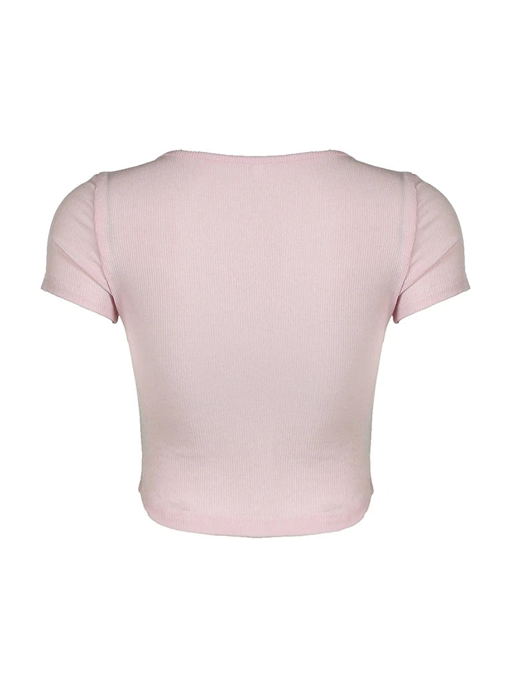 Camiseta rosa de manga corta para mujer, estilo balletcore, con cuello cuadrado y ribete de encaje Y2K, estilo kawaii de los años 2000