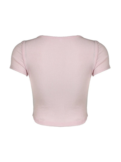 Camiseta rosa de manga corta para mujer, estilo balletcore, con cuello cuadrado y ribete de encaje Y2K, estilo kawaii de los años 2000