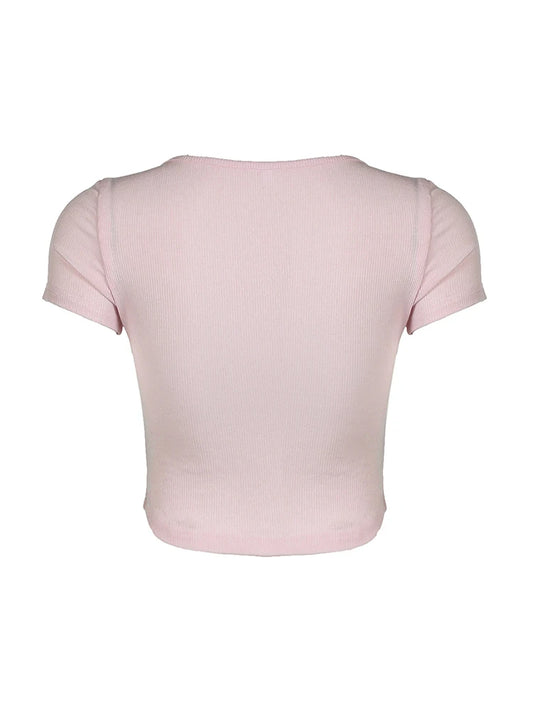 Camiseta rosa de manga corta para mujer, estilo balletcore, con cuello cuadrado y ribete de encaje Y2K, estilo kawaii de los años 2000