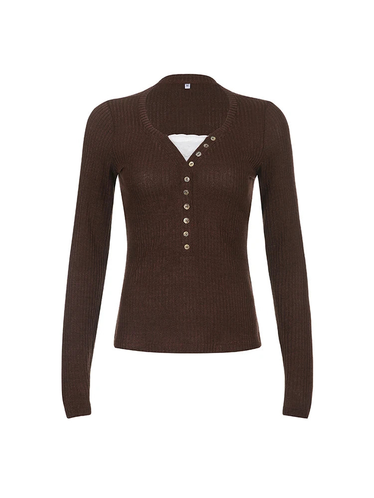 Camiseta básica ajustada de manga larga con encaje de contraste y retazos acanalados para mujer, color marrón, estilo retro americano, para primavera y otoño.