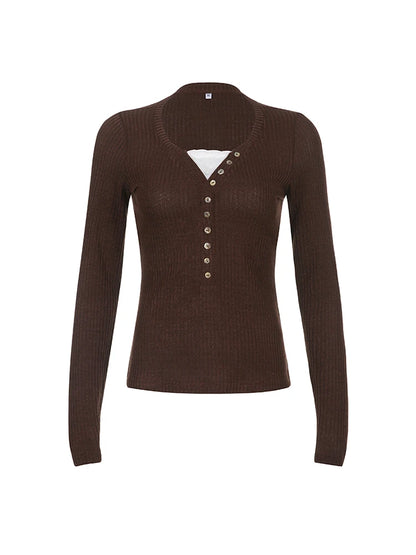 Camiseta básica ajustada de manga larga con encaje de contraste y retazos acanalados para mujer, color marrón, estilo retro americano, para primavera y otoño.
