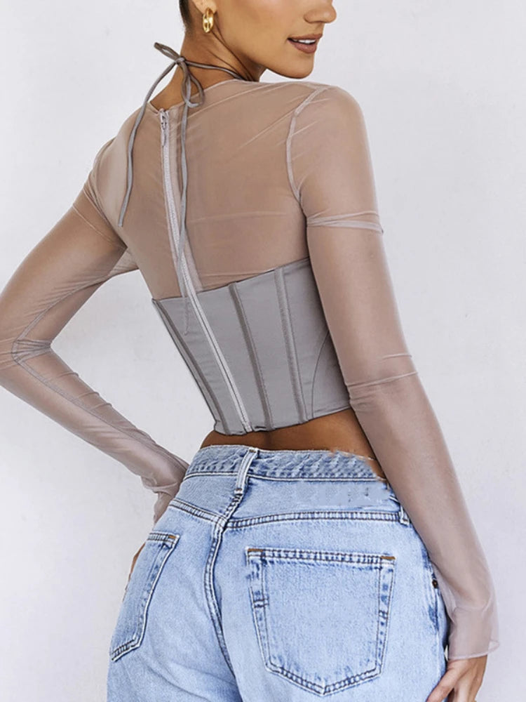 Asymmetrical See Through Sexy Women Clothes Solid Sheer Grey Elegant Corset Tops Club Mesh Outfits Long Sleeve Streetwear