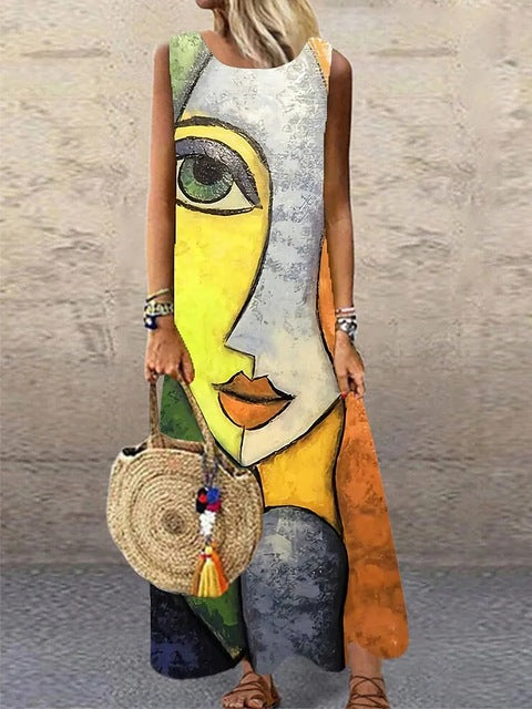 Vestidos largos sin mangas con estampado vintage para mujer, moda de verano, cuello redondo, vestido maxi holgado, ropa de viaje con temperamento, vestido femenino