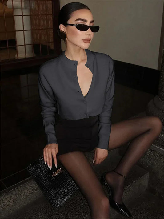 Knit Cardigan Sweater Female Long Sleeve Cropped Solid Top Streetwear Casual Patchwork Commute Top Women Knitwear Cardigan