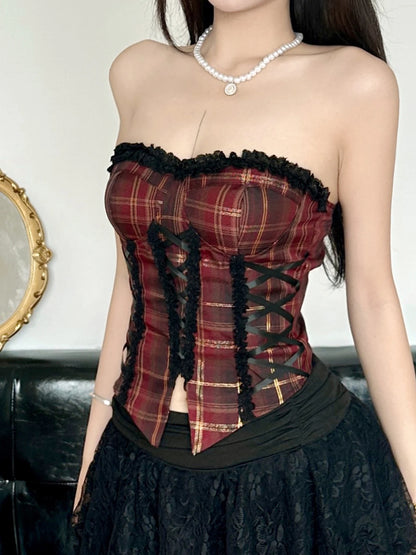 Blusas de tirantes para mujer con ribete de encaje a cuadros rojos navideños, ajustadas, de ambiente festivo, a la moda.