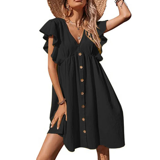 Short Sleeve Black Ruffle Dresses Women 2025 V-Neck Loose High Waist Sexy Dress for Summer Fashion Female Bohemian Sundress