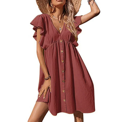 Short Sleeve Black Ruffle Dresses Women 2025 V-Neck Loose High Waist Sexy Dress for Summer Fashion Female Bohemian Sundress