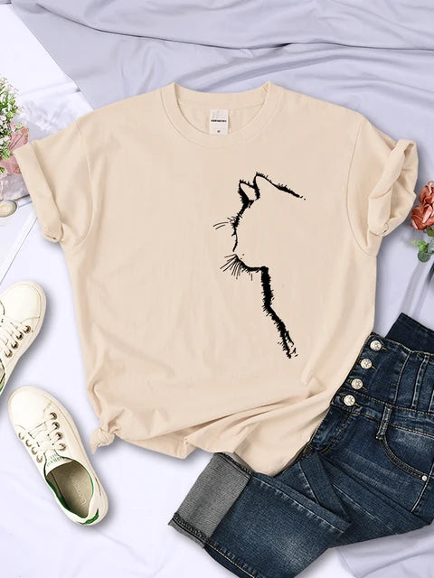 Camiseta con estampado divertido de gato para mujer, estilo casual, de manga corta y cuello redondo, con personalidad, ropa urbana, tops de verano