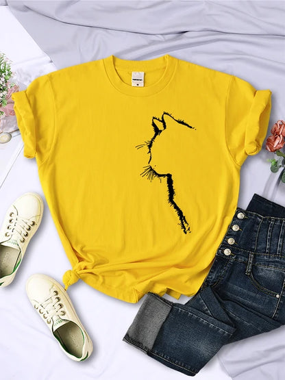 Camiseta con estampado divertido de gato para mujer, estilo casual, de manga corta y cuello redondo, con personalidad, ropa urbana, tops de verano