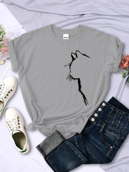Camiseta con estampado divertido de gato para mujer, estilo casual, de manga corta y cuello redondo, con personalidad, ropa urbana, tops de verano
