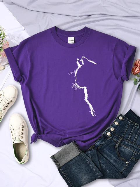 Camiseta con estampado divertido de gato para mujer, estilo casual, de manga corta y cuello redondo, con personalidad, ropa urbana, tops de verano