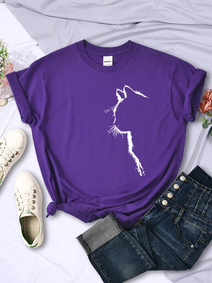 Camiseta con estampado divertido de gato para mujer, estilo casual, de manga corta y cuello redondo, con personalidad, ropa urbana, tops de verano