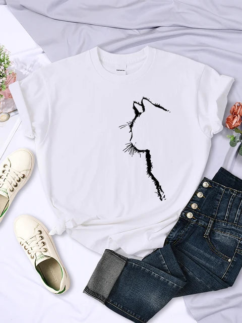 Camiseta con estampado divertido de gato para mujer, estilo casual, de manga corta y cuello redondo, con personalidad, ropa urbana, tops de verano