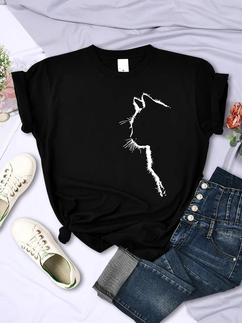 Camiseta con estampado divertido de gato para mujer, estilo casual, de manga corta y cuello redondo, con personalidad, ropa urbana, tops de verano