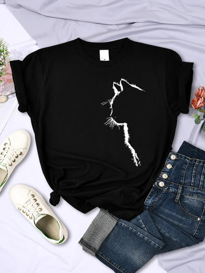 Camiseta con estampado divertido de gato para mujer, estilo casual, de manga corta y cuello redondo, con personalidad, ropa urbana, tops de verano