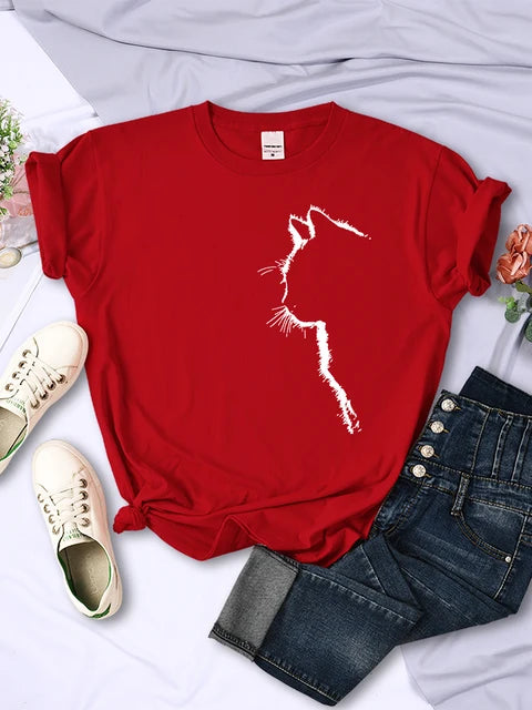 Camiseta con estampado divertido de gato para mujer, estilo casual, de manga corta y cuello redondo, con personalidad, ropa urbana, tops de verano