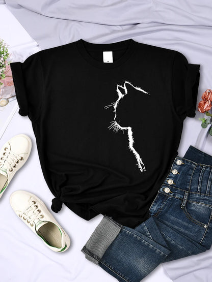 Camiseta con estampado divertido de gato para mujer, estilo casual, de manga corta y cuello redondo, con personalidad, ropa urbana, tops de verano