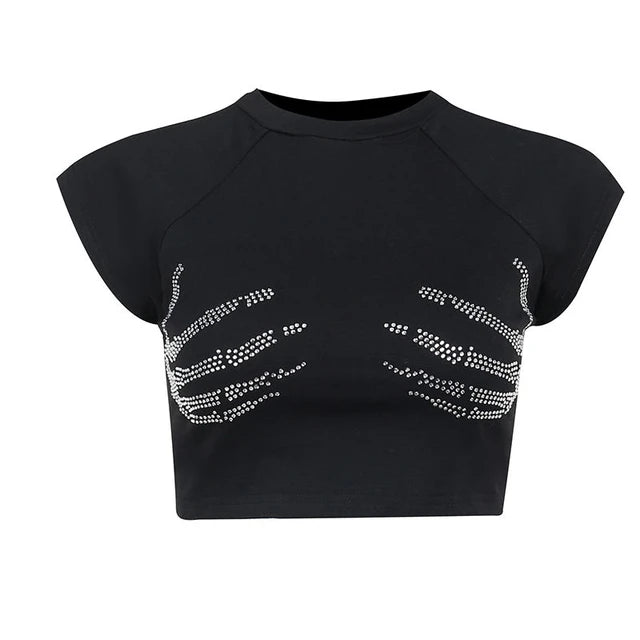 Skull Hand Rhinestones Aesthetic Women Y2k Clothes Vintage Tops Black Fairy Grunge Graphic T Shirts Slim Short Sleeve Crop Top