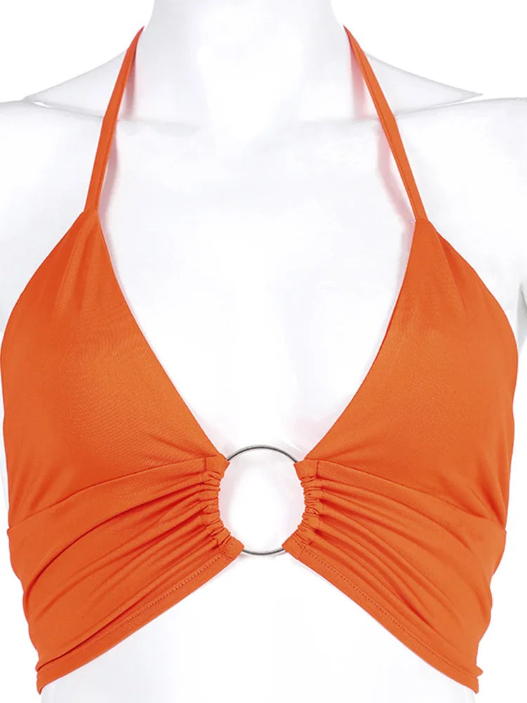 Bustier de verano ajustado con cuello en V, top corto de fiesta a la moda, chaleco suave, camisola sexy de color liso para mujer, cuello halter, sin espalda, combina con todo para mujer