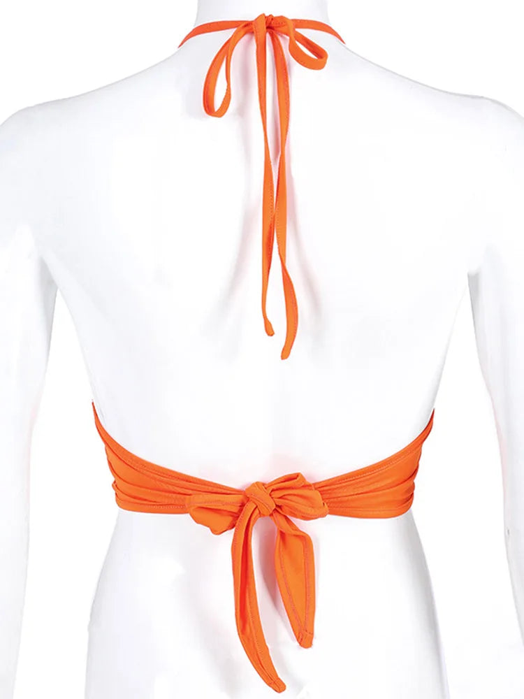 Bustier de verano ajustado con cuello en V, top corto de fiesta a la moda, chaleco suave, camisola sexy de color liso para mujer, cuello halter, sin espalda, combina con todo para mujer