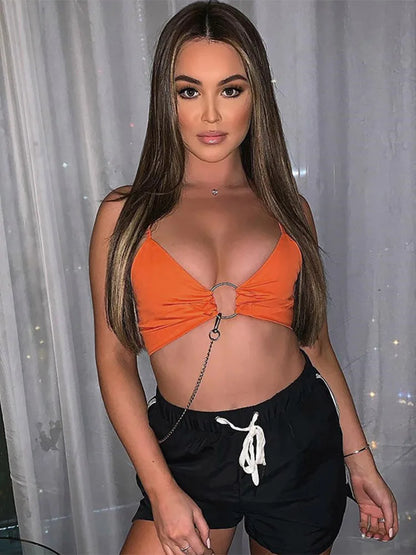 Bustier de verano ajustado con cuello en V, top corto de fiesta a la moda, chaleco suave, camisola sexy de color liso para mujer, cuello halter, sin espalda, combina con todo para mujer
