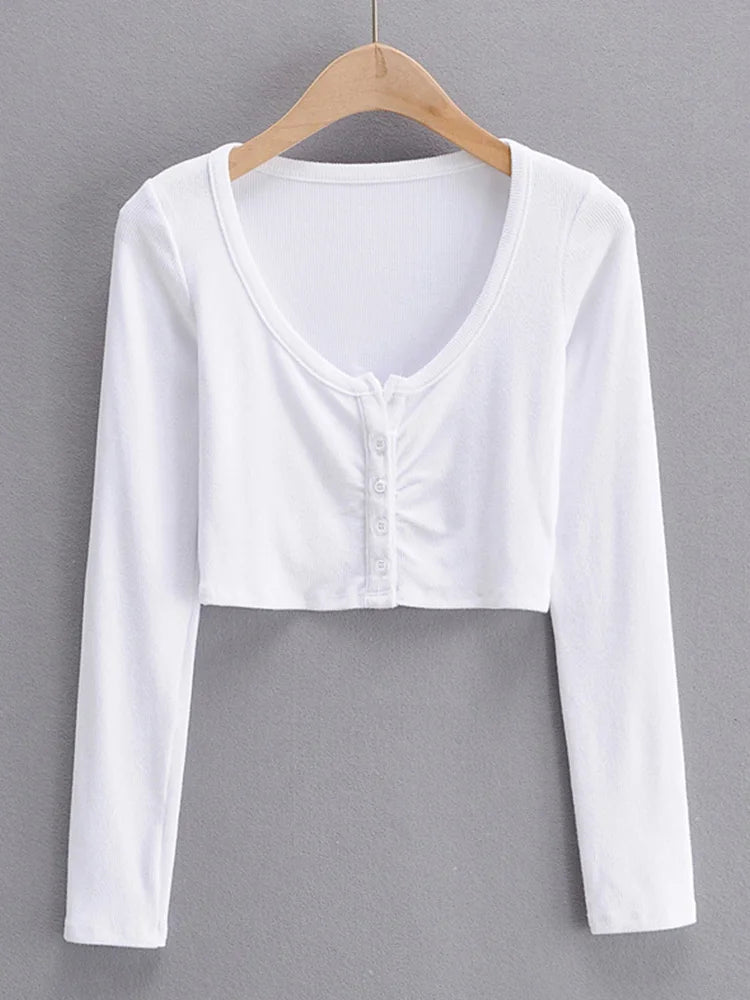 Blusas y tops de mujer con escote en V, manga larga y bajo ajustado, cárdigan de color liso con abertura en el ombligo.