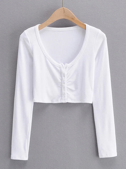 Blusas y tops de mujer con escote en V, manga larga y bajo ajustado, cárdigan de color liso con abertura en el ombligo.