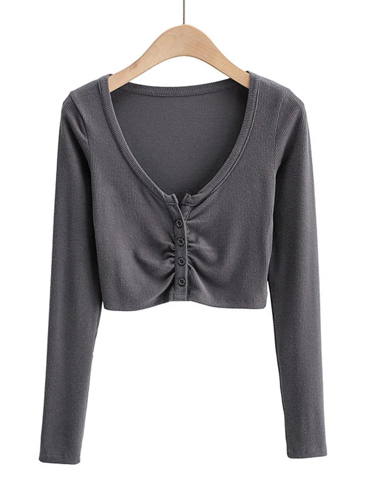 Blusas y tops de mujer con escote en V, manga larga y bajo ajustado, cárdigan de color liso con abertura en el ombligo.