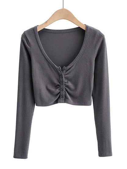 Blusas y tops de mujer con escote en V, manga larga y bajo ajustado, cárdigan de color liso con abertura en el ombligo.