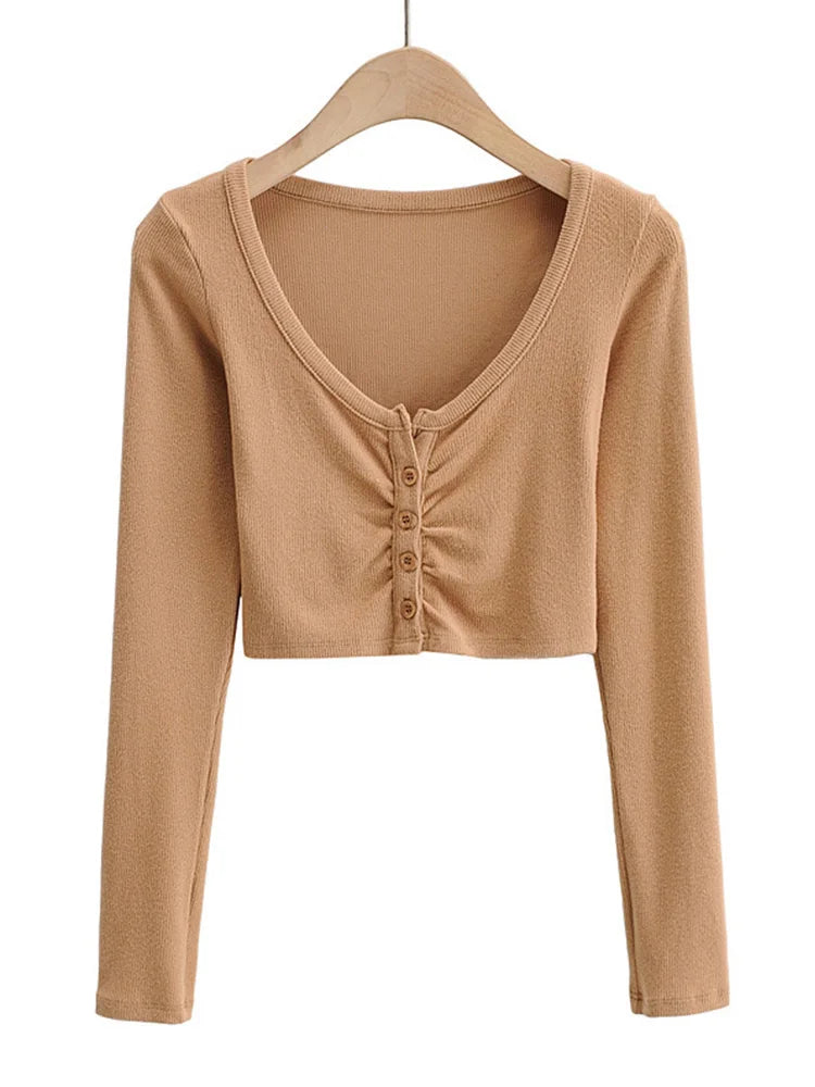 Blusas y tops de mujer con escote en V, manga larga y bajo ajustado, cárdigan de color liso con abertura en el ombligo.