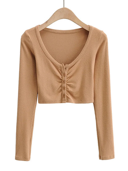 Blusas y tops de mujer con escote en V, manga larga y bajo ajustado, cárdigan de color liso con abertura en el ombligo.