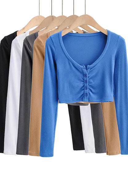 Blusas y tops de mujer con escote en V, manga larga y bajo ajustado, cárdigan de color liso con abertura en el ombligo.