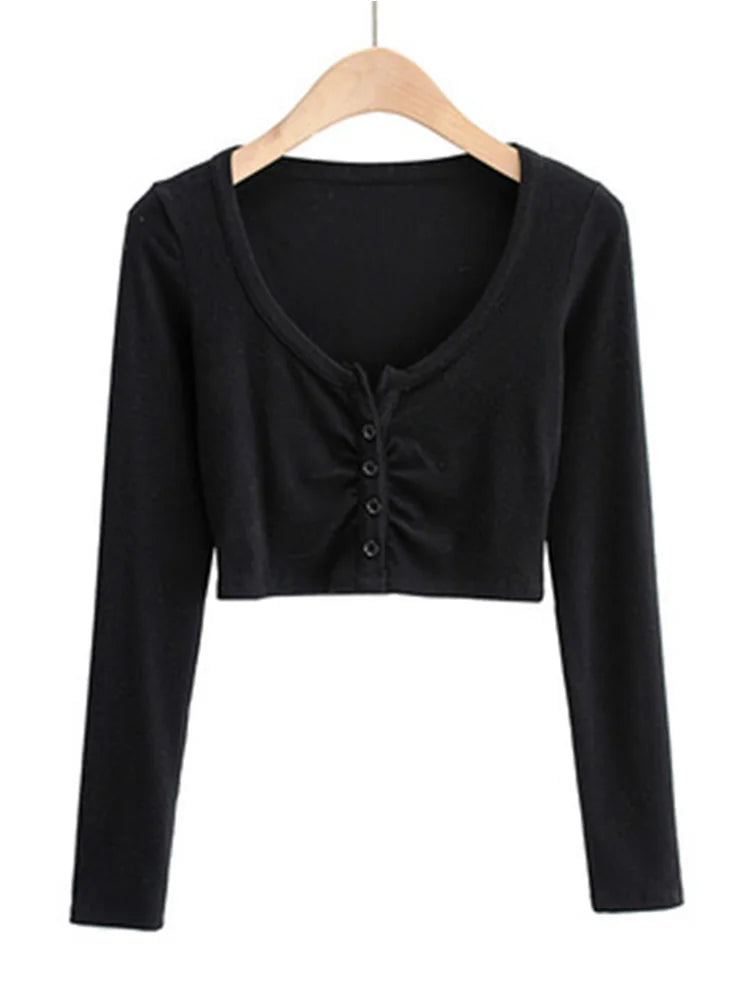 Blusas y tops de mujer con escote en V, manga larga y bajo ajustado, cárdigan de color liso con abertura en el ombligo.