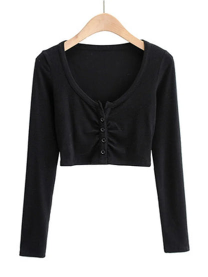 Blusas y tops de mujer con escote en V, manga larga y bajo ajustado, cárdigan de color liso con abertura en el ombligo.