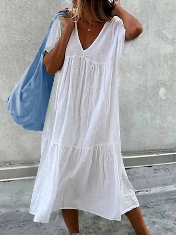 Vestidos midi de lino y algodón de color liso para mujer, moda informal, cuello en V, mangas cortas, sueltos, estilo sencillo, para ir al trabajo.