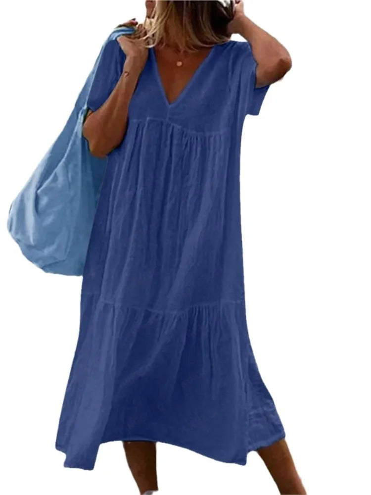 Vestidos midi de lino y algodón de color liso para mujer, moda informal, cuello en V, mangas cortas, sueltos, estilo sencillo, para ir al trabajo.