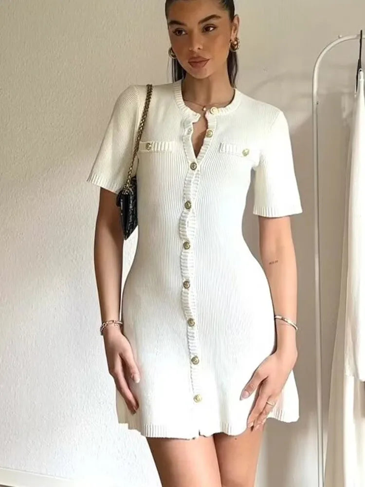 Solid Color Elegant Knitted Mini Dress For Women Metal Button Sexy Slim Rib Sweater Dress Holiday Party Outfits Spring 2025 New