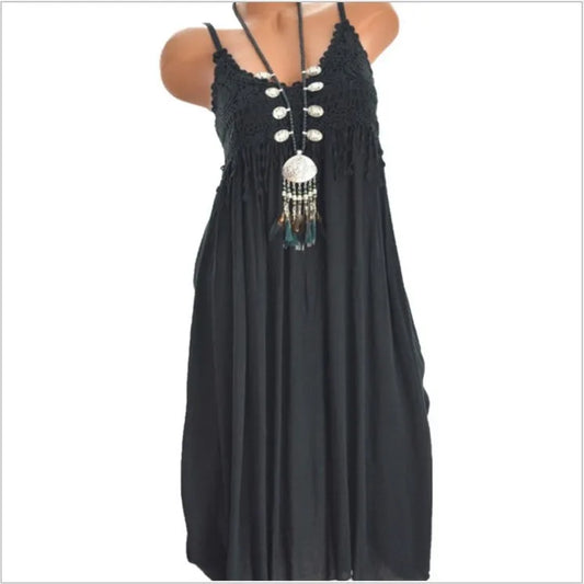 Vestidos de tirantes finos de color liso para mujer, minivestido sexy con escote en V y borde de encaje con retazos, ropa de calle de moda para mujer, vestidos de verano nuevos