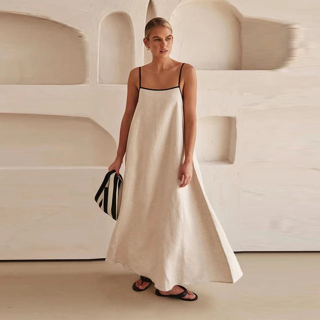 Solid Cotton Linen Sling Dress Women 2025 Summer Sexy Backless Sleeveless Slip Long Dresses Lady Elegant Loose Chic Maxi Dress