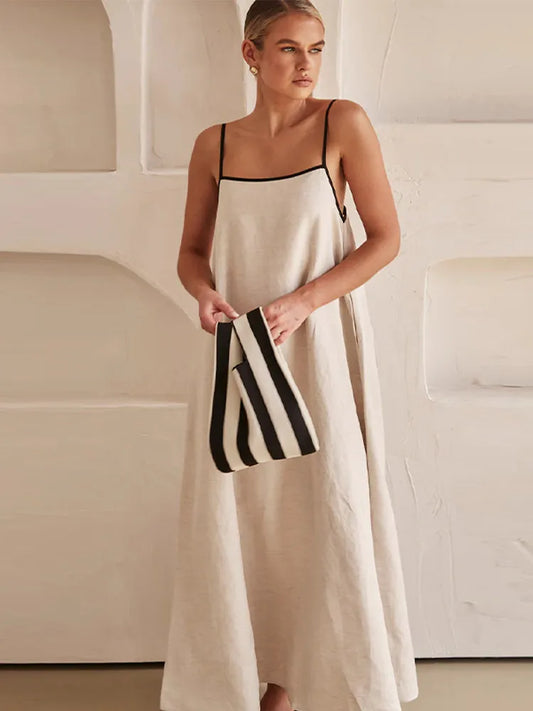 Solid Cotton Linen Sling Dress Women 2025 Summer Sexy Backless Sleeveless Slip Long Dresses Lady Elegant Loose Chic Maxi Dress