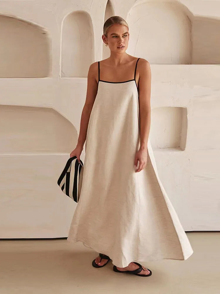 Solid Cotton Linen Sling Dress Women 2025 Summer Sexy Backless Sleeveless Slip Long Dresses Lady Elegant Loose Chic Maxi Dress