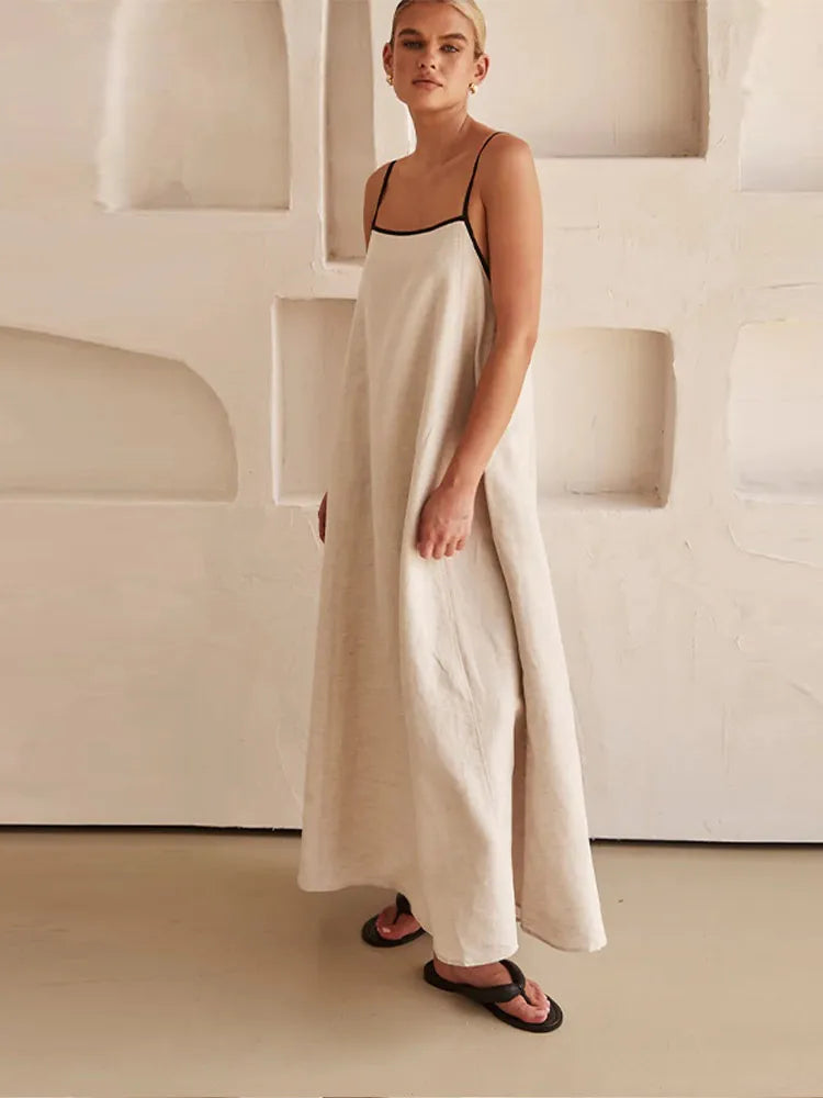 Solid Cotton Linen Sling Dress Women 2025 Summer Sexy Backless Sleeveless Slip Long Dresses Lady Elegant Loose Chic Maxi Dress