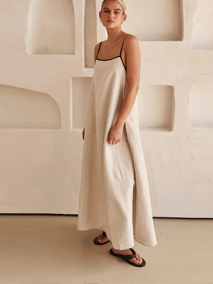 Solid Cotton Linen Sling Dress Women 2025 Summer Sexy Backless Sleeveless Slip Long Dresses Lady Elegant Loose Chic Maxi Dress