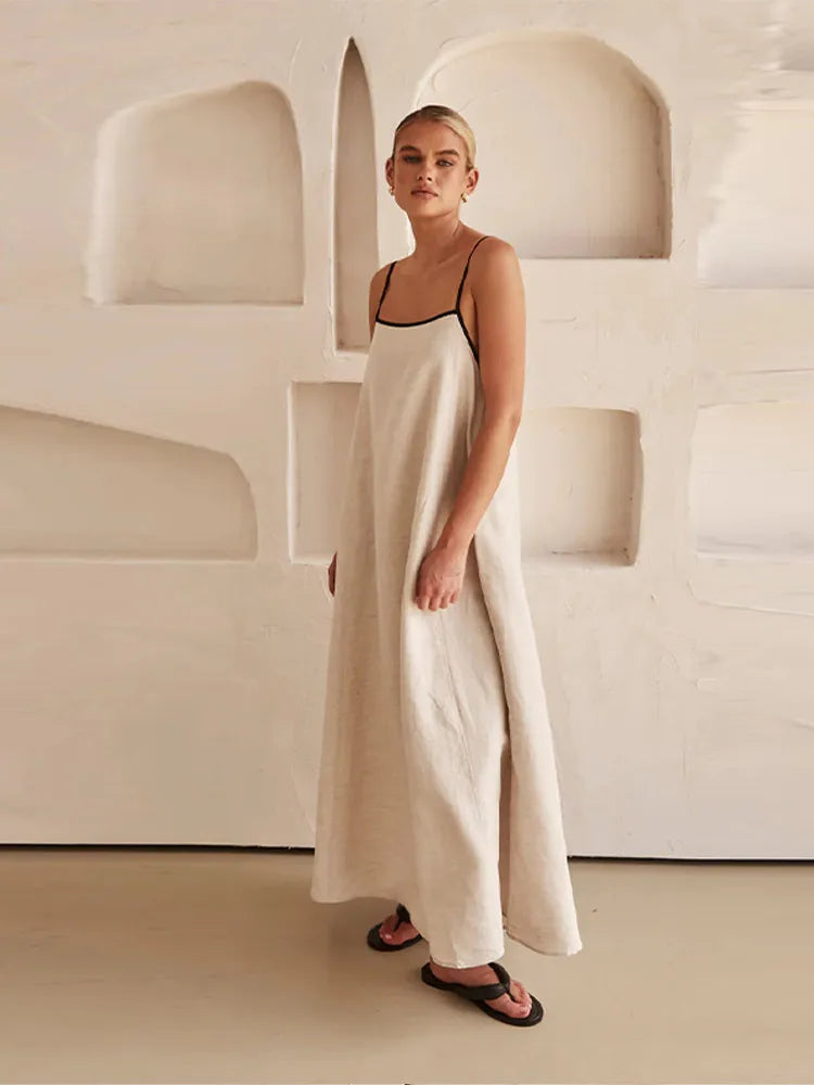 Solid Cotton Linen Sling Dress Women 2025 Summer Sexy Backless Sleeveless Slip Long Dresses Lady Elegant Loose Chic Maxi Dress