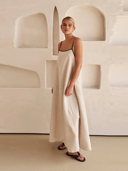 Solid Cotton Linen Sling Dress Women 2025 Summer Sexy Backless Sleeveless Slip Long Dresses Lady Elegant Loose Chic Maxi Dress