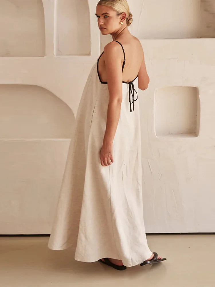 Solid Cotton Linen Sling Dress Women 2025 Summer Sexy Backless Sleeveless Slip Long Dresses Lady Elegant Loose Chic Maxi Dress