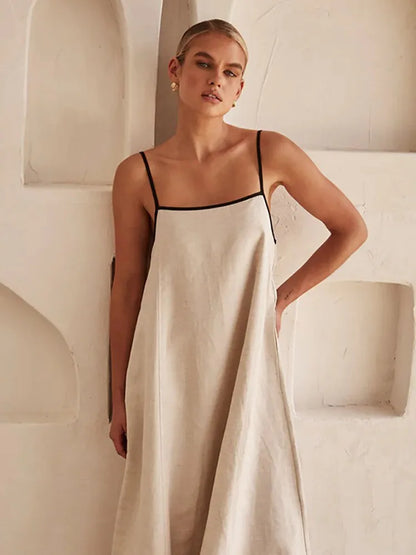 Solid Cotton Linen Sling Dress Women 2025 Summer Sexy Backless Sleeveless Slip Long Dresses Lady Elegant Loose Chic Maxi Dress