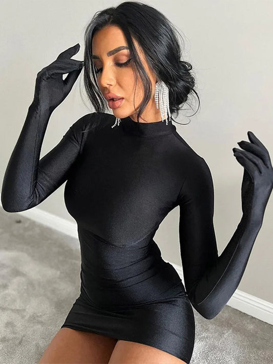 Minivestido ajustado de manga larga con guantes, sexy, para fiesta, estilo urbano, cuello alto, ropa Y2K, venta al por mayor